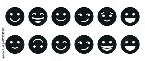 Emoji icons set featuring a diverse collection of happy, smiling, winking, and laughing facial expressions for communication and digital design.