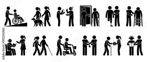 People with disabilities receiving assistance from caregivers, illustrating concepts of accessibility, inclusion, and support in daily life.