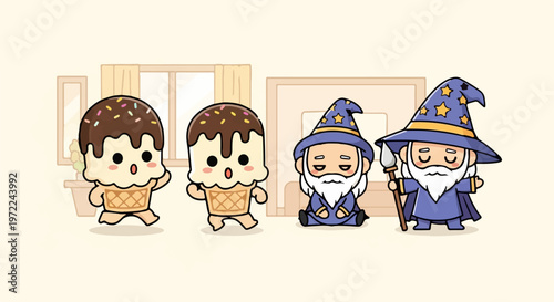 Adorable Cartoon Ice Cream Cones and Wizards in a Whimsical Illustration.