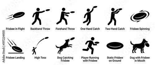 Frisbee play actions and movements depicted in a set of black silhouette icons, showing people throwing, catching, and dogs interacting with the flying disc.