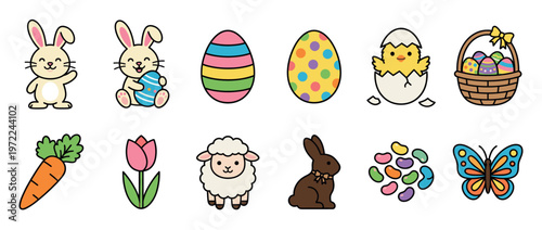 Easter bunny eggs chick basket lamb chocolate jelly beans and spring elements cartoon vector illustration set.