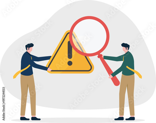 Professionals inspecting a warning symbol with a magnifying glass