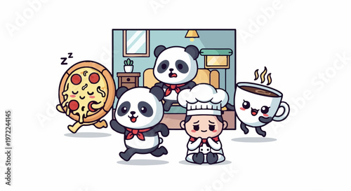 Adorable Cartoon Panda Chef and Friends with Pizza and Coffee.