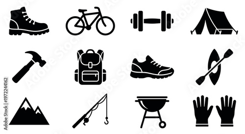 Collection of black silhouette icons representing various outdoor activities, sports, adventure gear, and recreational hobbies.