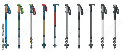 Collection of various hiking and trekking poles for outdoor adventures and physical activity, featuring different designs and colors.