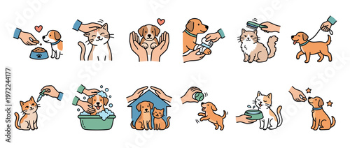 Dogs cats pet care activities and loving interactions with owners, including feeding, grooming, playing, and providing medical attention, illustrating responsible pet ownership.