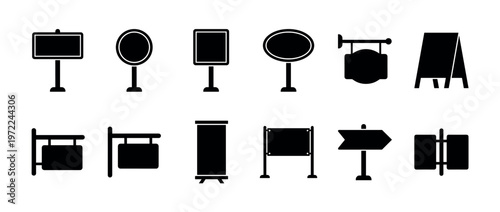 Collection of various blank sign icons featuring different shapes and styles for advertising, information, and wayfinding purposes.