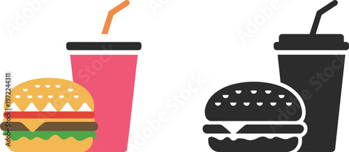 Two Pairs of Fast Food Icons Showing Burgers and Drinks in Color and Silhouette hamburger cheeseburger