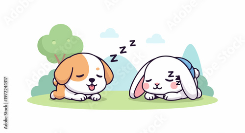 Adorable cartoon puppy and bunny sleeping peacefully together on grass.