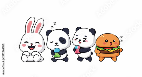 Adorable collection of charming cartoon characters featuring a joyful white bunny, two cute pandas, and a happy hamburger, designed in a whimsical and cheerful illustration style on a clean background