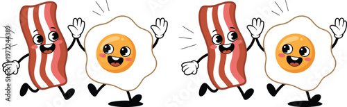 Cartoon Bacon and Fried Egg Characters Giving High Fives on White Background breakfast food