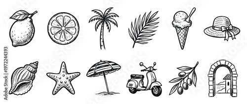 Summer vacation travel elements and symbols hand-drawn in a vintage sketch style, perfect for holiday designs and seasonal illustrations.