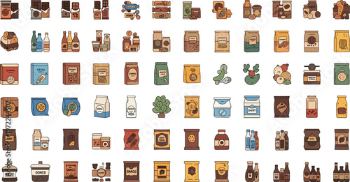 Coffee products collection illustration with beans cups packages bottles and brewing items flat vector set for cafe menu and beverage design