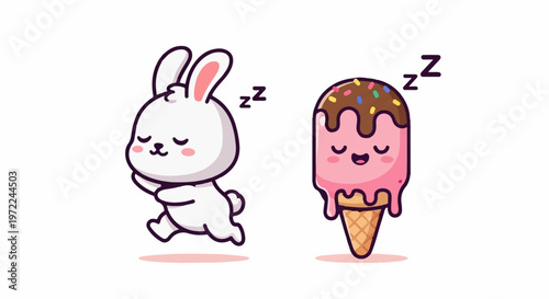 Adorable cartoon white bunny rabbit and ice cream sleeping peacefully together.