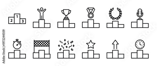 Set of success podium icons illustrating various aspects of victory, competition, and accomplishment with line art symbols.