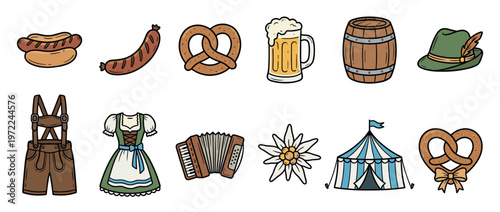 Oktoberfest elements collection featuring traditional Bavarian food, drinks, clothing, and cultural symbols for celebration designs.
