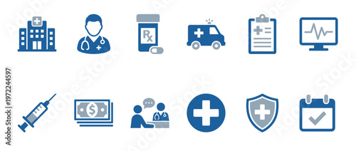 Healthcare icons collection representing medical services, hospital facilities, doctor consultations, and health insurance concepts.