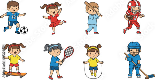 Kids sports activities vector set with children playing soccer, tennis, baseball, hockey and jumping rope, cute cartoon characters isolated on white background