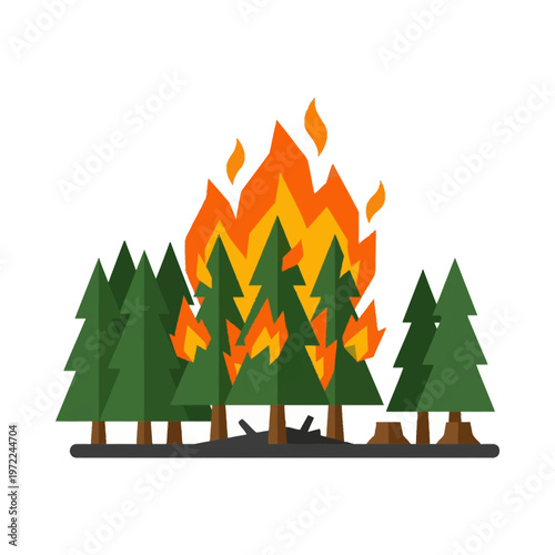 Flat burning forest icon with flames and trees, deforestation concept, minimal solid color design