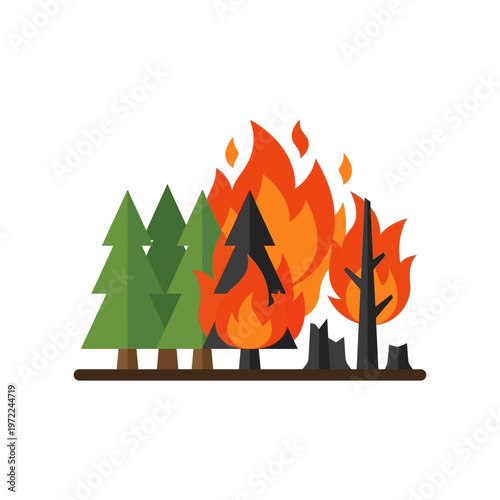 Flat burning forest icon with flames and trees, deforestation concept, minimal solid color design