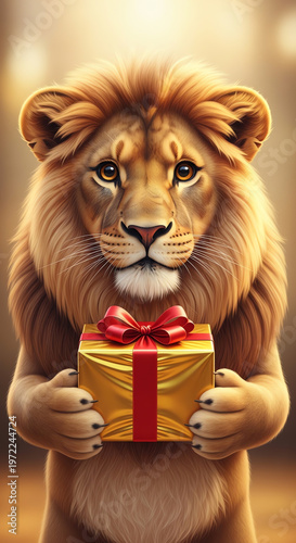 A lion holding a gold gift box with a red bow in its paws against a warm blurred background.