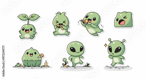 Adorable Green Alien Characters in Various Poses and Expressions.