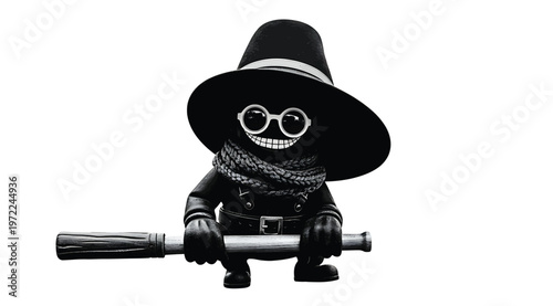 3d illustration of a stylized dark character wearing a widebrimmed hat, round glasses, and a scarf, holding a baton