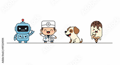 Adorable Robot, Doctor, Puppy, and Ice Cream Cone Characters on White.
