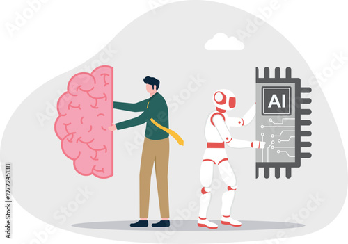 Professional and robot connecting an AI brain together