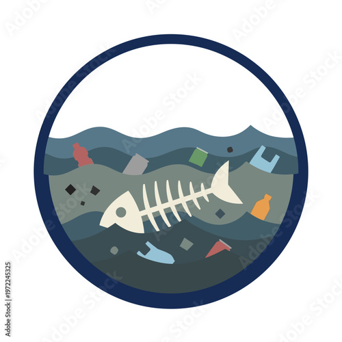 Flat fish skeleton in polluted water waves, environmental damage concept, minimal geometric design