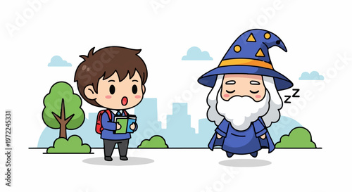 Astonished schoolboy encounters sleeping wizard with a magical hat.