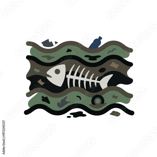 Flat fish skeleton in polluted water waves, environmental damage concept, minimal geometric design