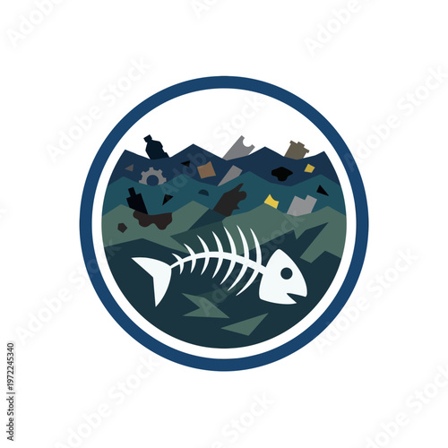 Flat fish skeleton in polluted water waves, environmental damage concept, minimal geometric design