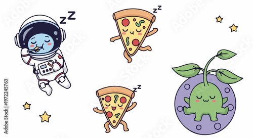Cartoon Astronaut Sleeping Peacefully in Space with Pizza and Alien Friends.