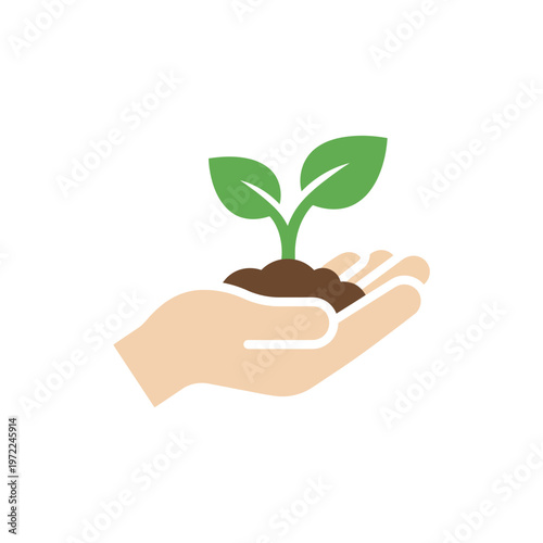 Flat hand holding small plant icon, eco care concept, simple shapes, clean minimal solid design