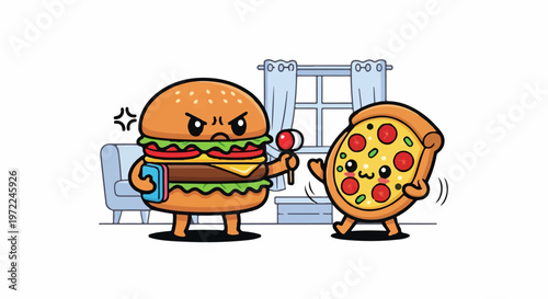 Cartoon Burger Confronts Pizza with Lollipop in Playful Scene.