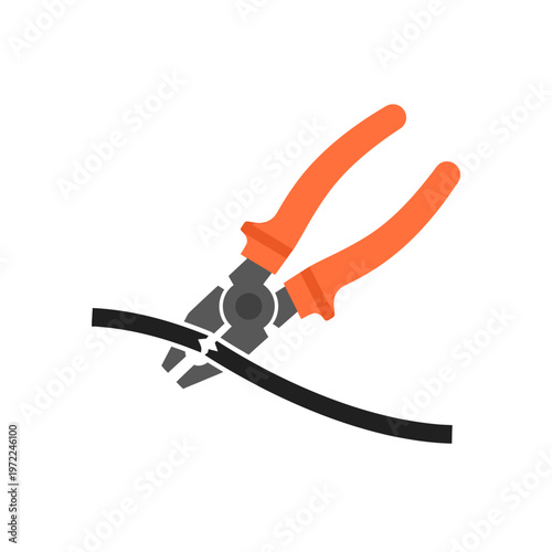 Flat pliers cutting cable icon, simple action composition, minimal shapes, clean solid color design