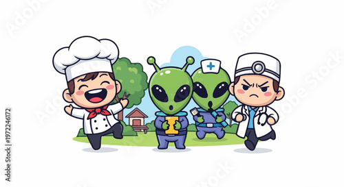 Cartoon Chef, Aliens, and Doctor - A Whimsical Illustration.