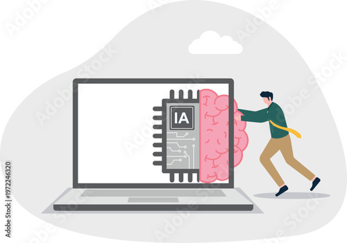 Professional pushing an AI brain into a laptop screen