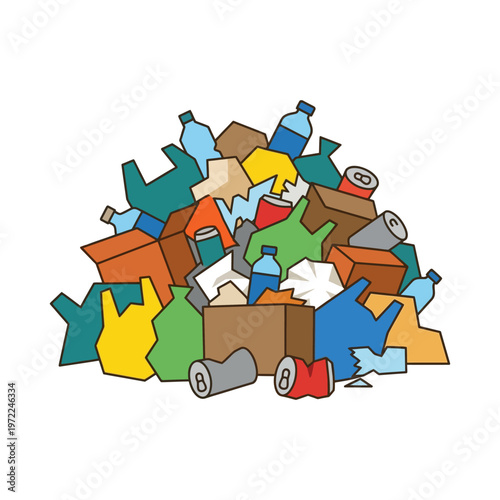 Flat trash pile with mixed waste shapes, environmental damage concept, minimal solid color design