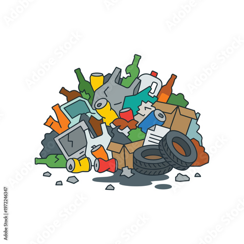 Flat trash pile with mixed waste shapes, environmental damage concept, minimal solid color design