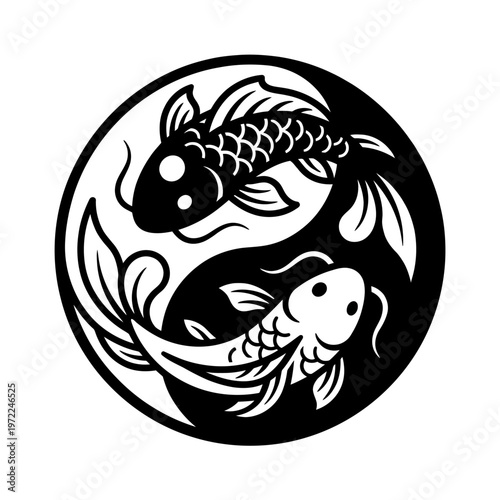Elegant clean flat vector icon of a stylized koi fish pair, flowing in harmony, symbolizing balance and duality in a minimalist design.