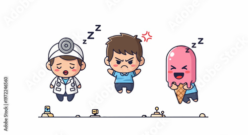 Charming Cartoon Illustration of Diverse Characters A Sleeping Doctor, an Upset Figure, and a Happy Ice Cream Mascot with Peaceful Dreams in a Playful Scene