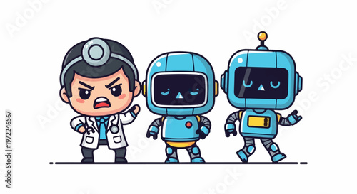 Cartoon Doctor and Robots - A Friendly Medical Team Illustration.