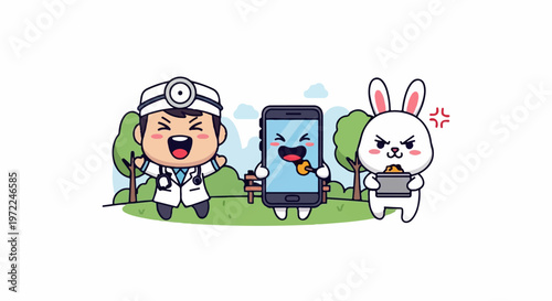 A cartoon doctor mediates a digital dilemma between a happy smartphone with a coin and an angry bunny rabbit in a vibrant park setting