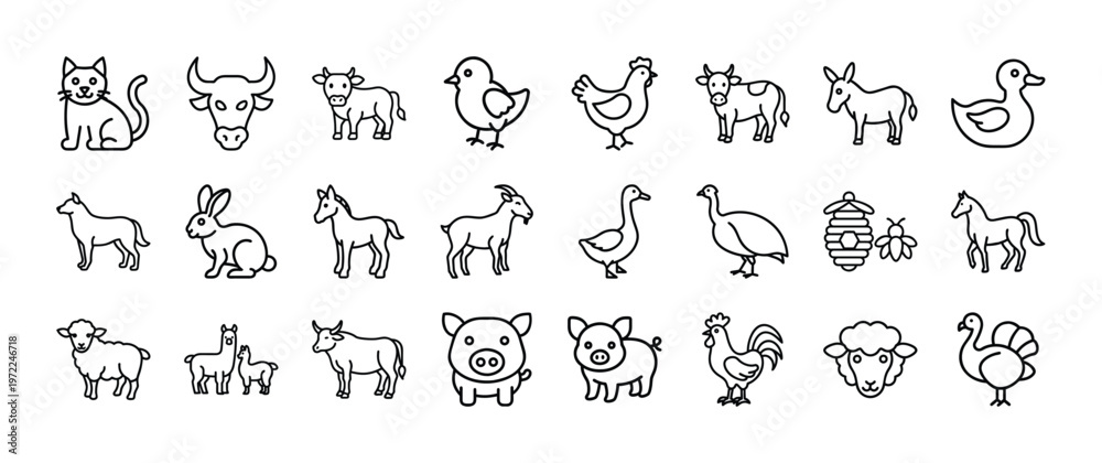 Fototapeta premium Collection of simple black and white farm animals and pets illustrations