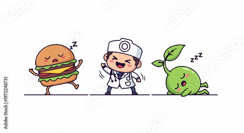 Cartoon Doctor Energetically Dancing Between Sleeping Burger and Plant.
