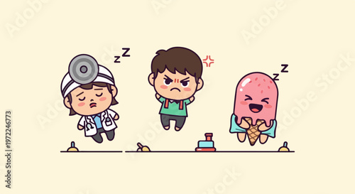 Cartoon doctor, patient, and smiling germ character illustration. Medical concept.