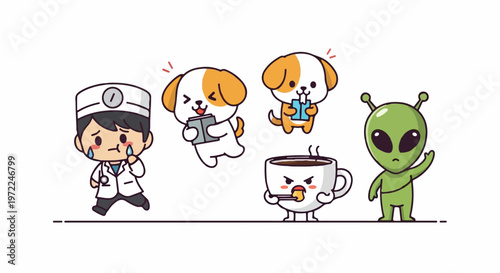 Cartoon Doctor, Puppies, Coffee Cup, and Alien Characters.