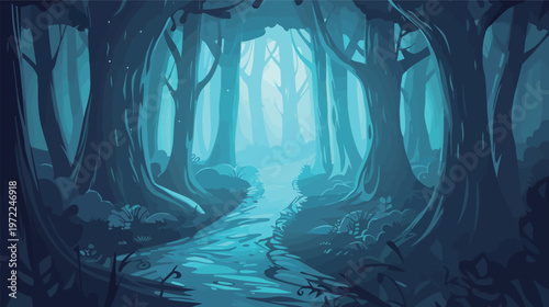 Mysterious ghostly forest with a path leading towards the light foggy trees eerie atmosphere dark mystical woodland enchanting trail surreal nature scene mysterious and magical landscape concept